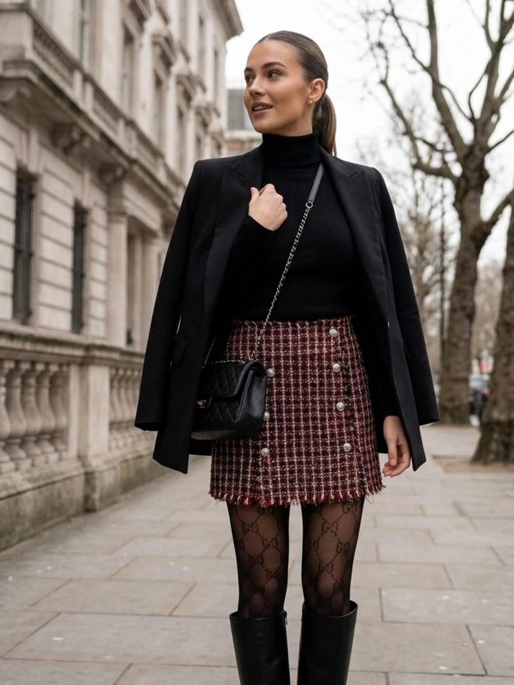 NWT Zara Woman Red & Black Plaid Tweed Bouclé Frayed Mini Skirt M